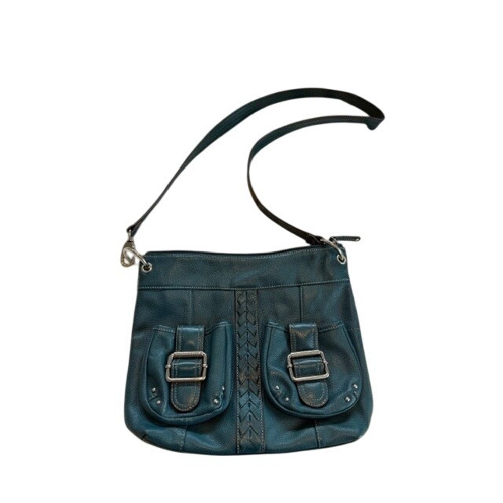 Tignanello Teal Pebble Leather Braided Buckle Flap Crossbody Bag EUC
